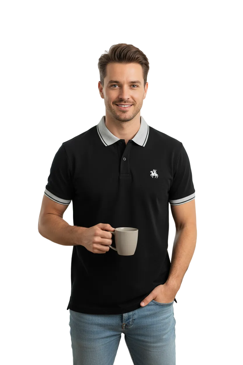 Black Horseman Polo Shirt for Men | Classic Fit Cotton Polo | Short Sleeve Everyday Wear (M–XL)