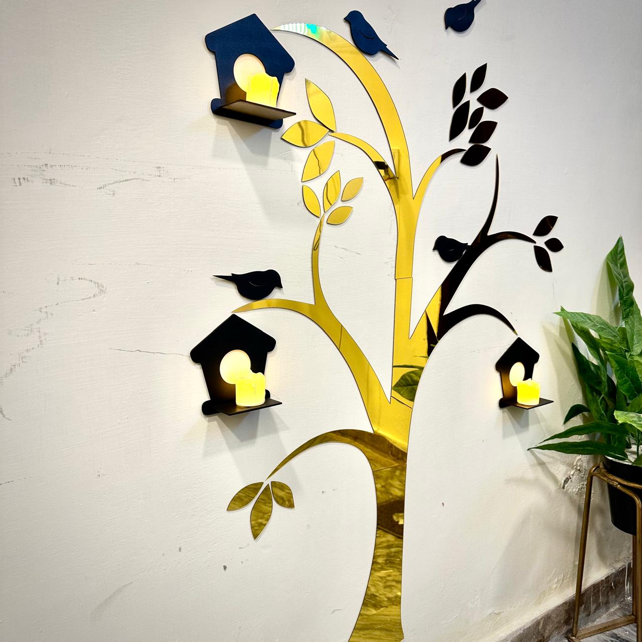 Acrylic Birds Tree Wall Decor with Shelves | ديكور جدار شجرة مع رفوف خشبية