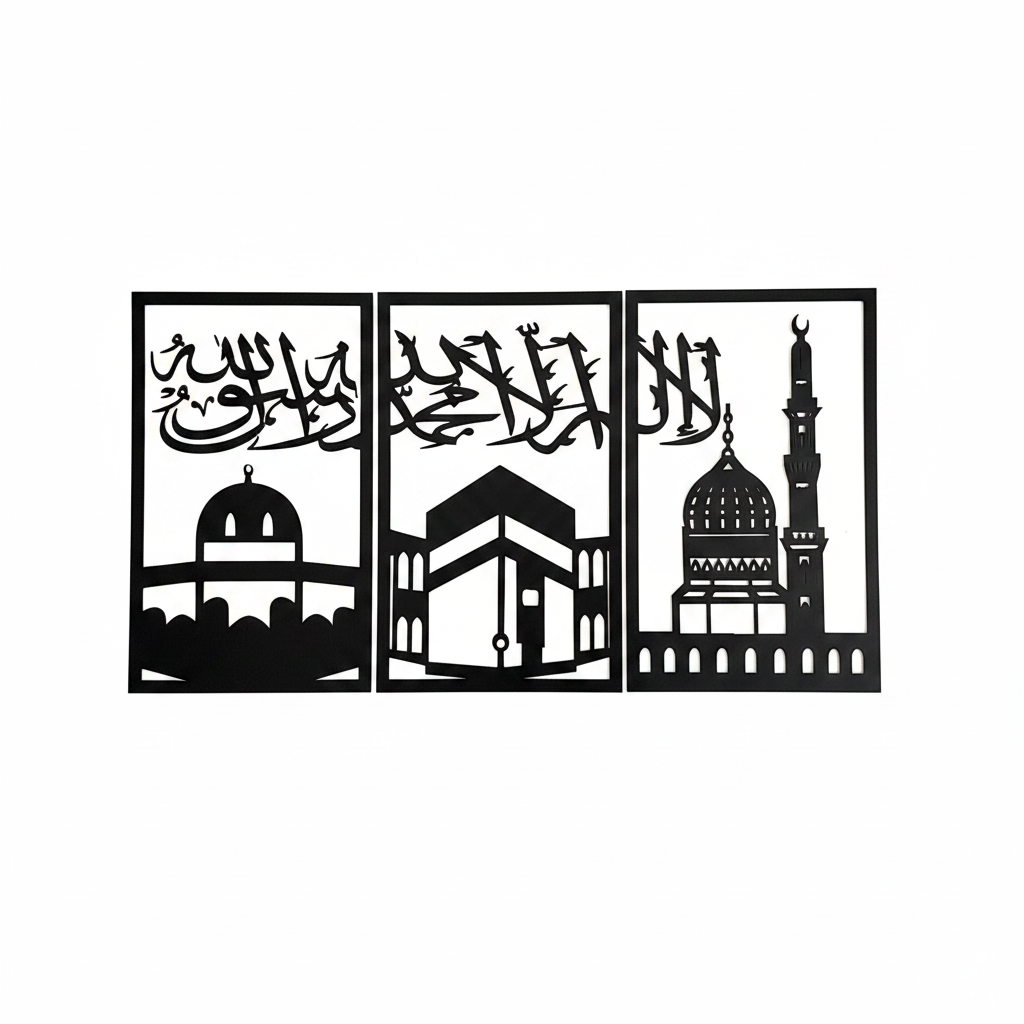 Islamic 3-Panel Kalma Wooden Wall Art | Kaaba Masjid Al-Nabawi Dome of the Rock Calligraphy | MDF Home Decor Set